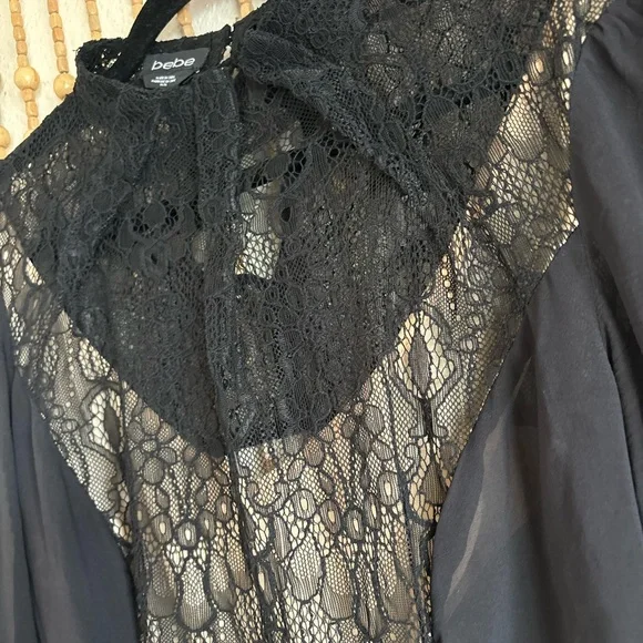 Bebe y2k Silk Victorian Goth Black Lace Sheer Long Sleeve Open Back Sexy Blouse - Picture 4 of 7